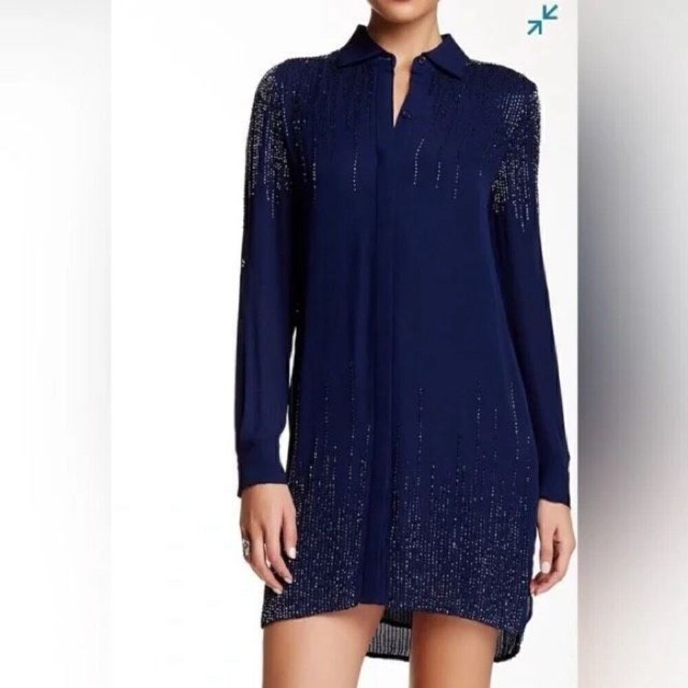 Diane Von Furstenberg Navy Silk Sequin Shirt Dress Size 8